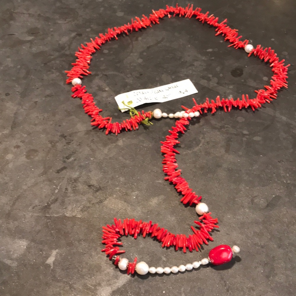 Coral and pearl lariat necklace